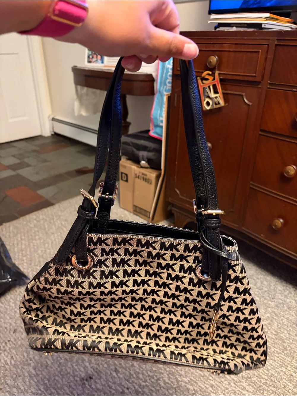 Michael Kors Brown MK Logo Tote with Black Straps